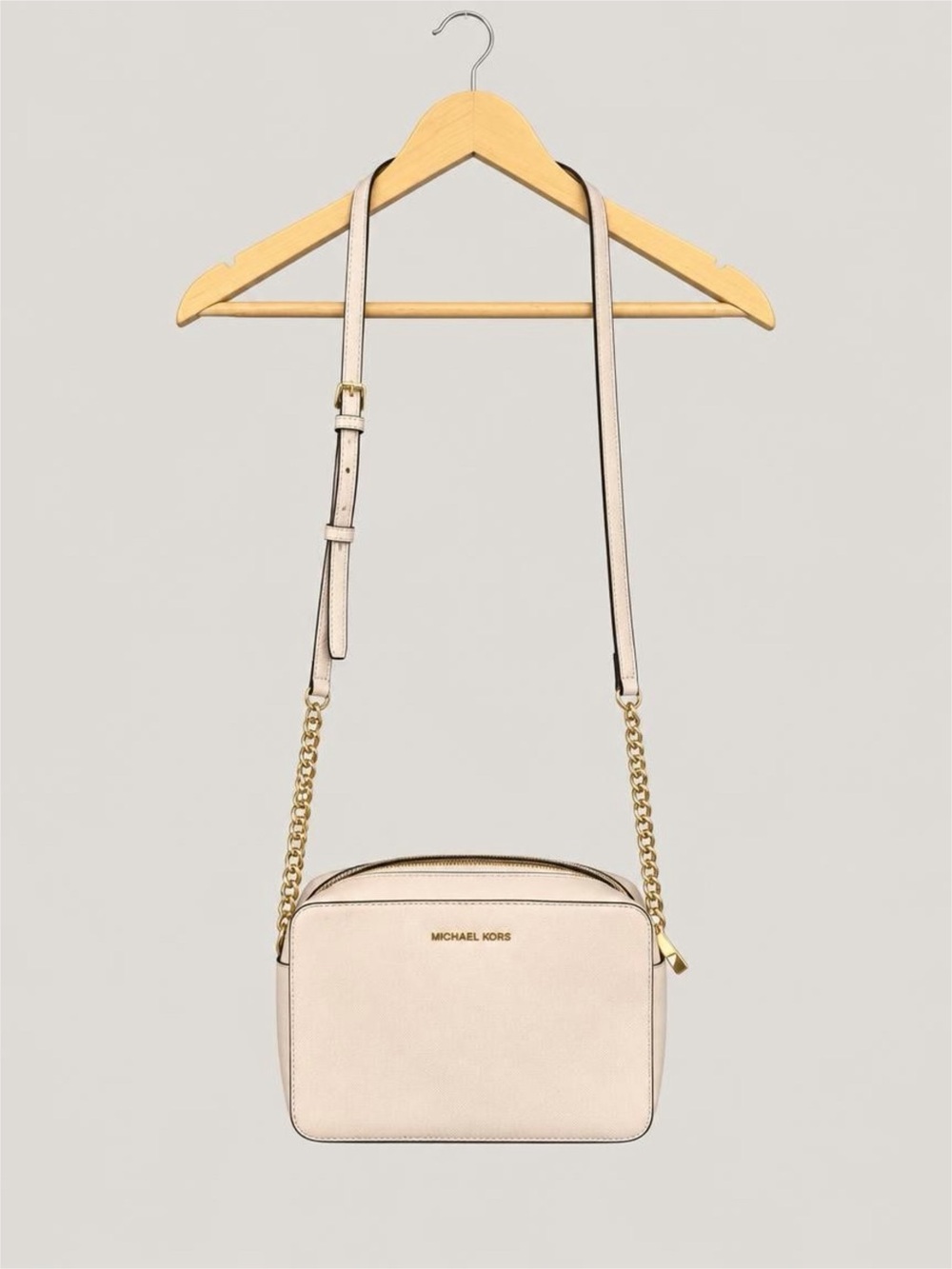 Michael Kors Pale Pink Blush Leather Crossbody Camera Bag with Gold Chain
